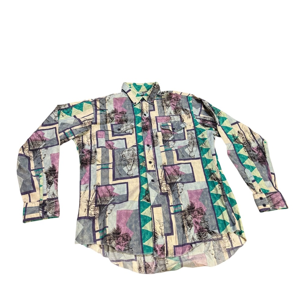 Wrangler Cowboy Cut Western Shirt Native American Print Long Sleeve Mens 16 1/2‎